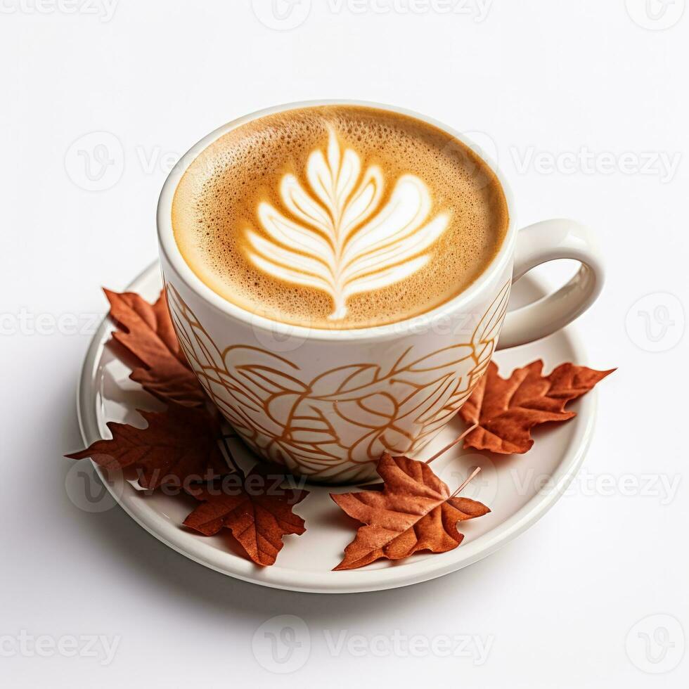 Maple latte in a maple leaf-patterned cup isolated on white background photo