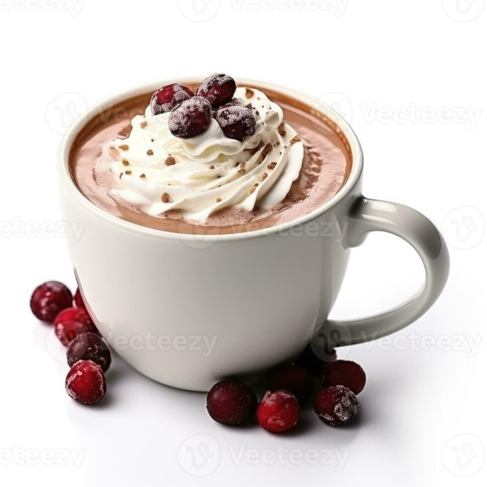 Cranberry almond hot chocolate in a black cup isolated on white background photo