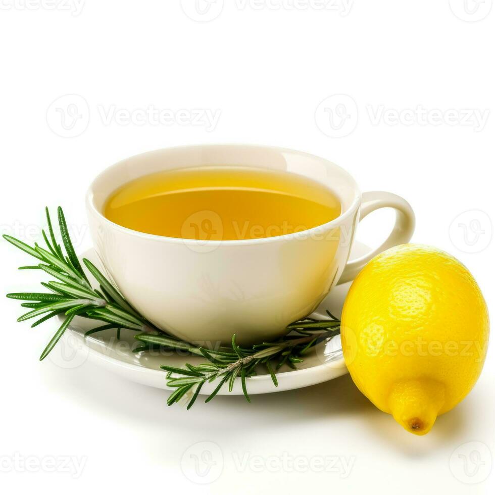 Rosemary lemon tea in a rosemary and lemon-colored cup isolated on white background photo