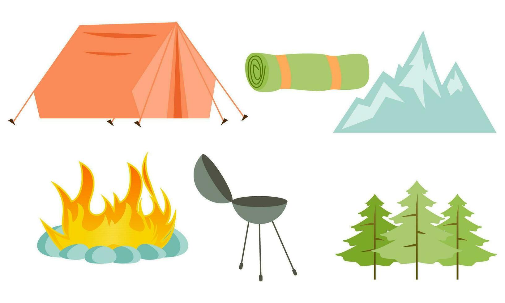 Cartoon camping and hiking equipment tent and forest nature camp
