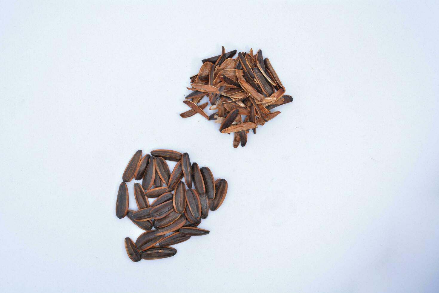 Sunflower seeds and shell after eating, isolate, white background photo