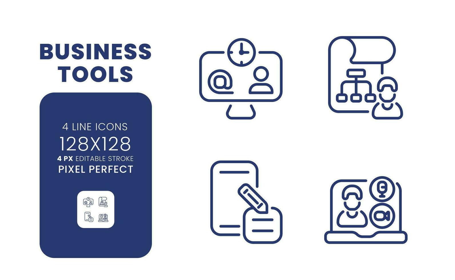 Business tools linear desktop icons set. Productivity software. Operations management. Pixel perfect 128x128, outline 4px. Isolated user interface elements pack for website. Editable stroke vector
