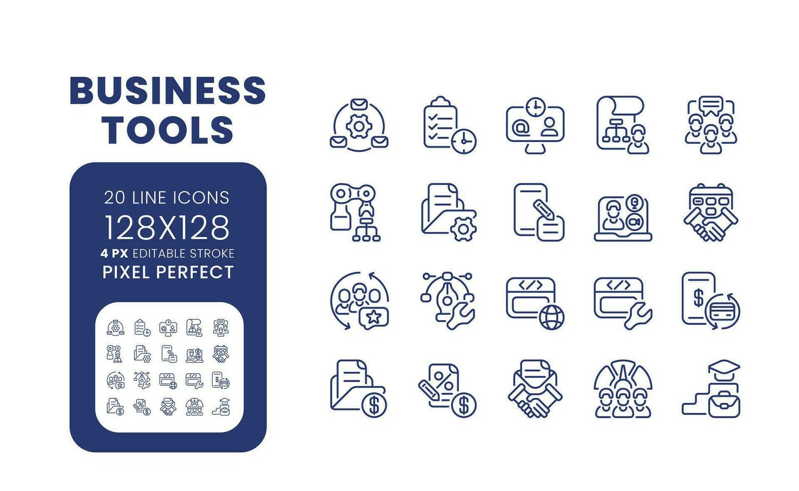 Business tools linear desktop icons set. Project management software. Enterprise applications. Pixel perfect 128x128, outline 4px. Isolated user interface elements pack for website. Editable stroke vector