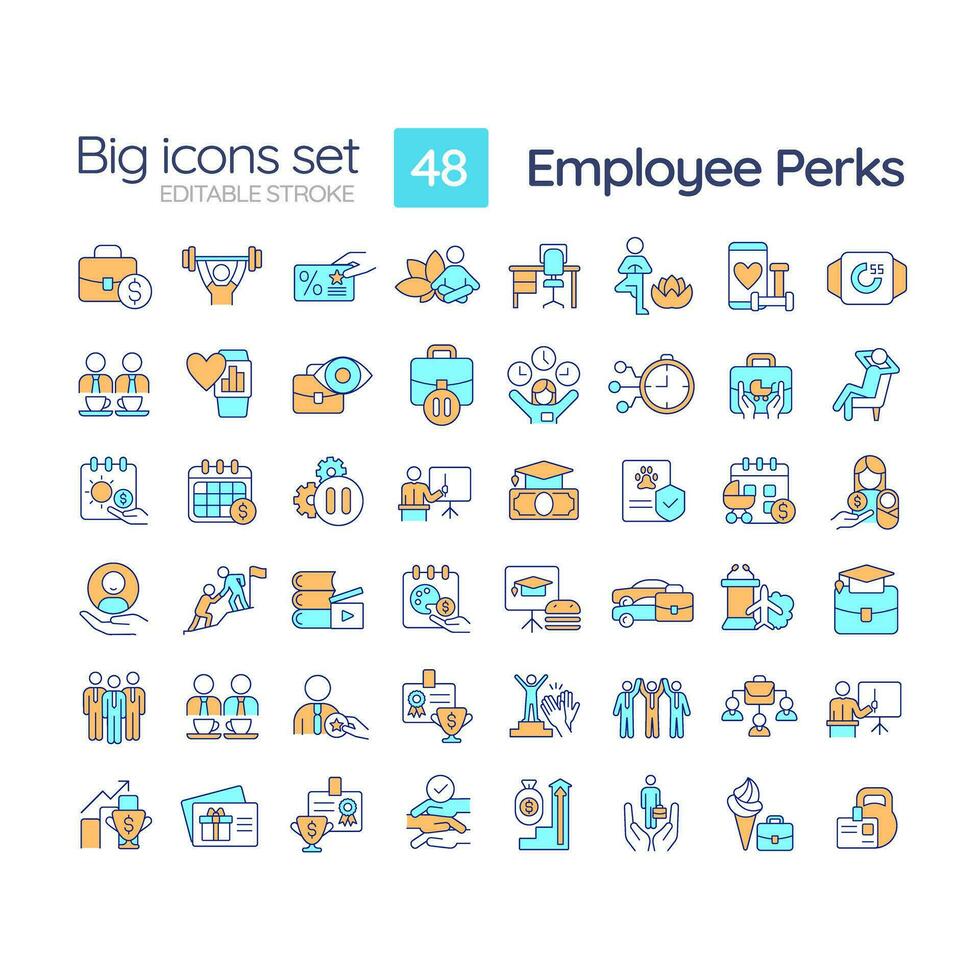 Employee perks RGB color icons set. Incentive program. Work environment. Increase productivity. Reward system. Isolated vector illustrations. Simple filled line drawings collection. Editable stroke
