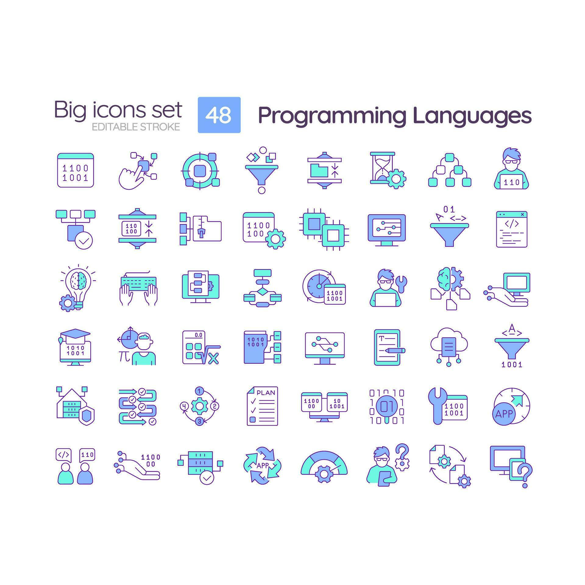 Programming languages blue RGB color icons set. Software development ...