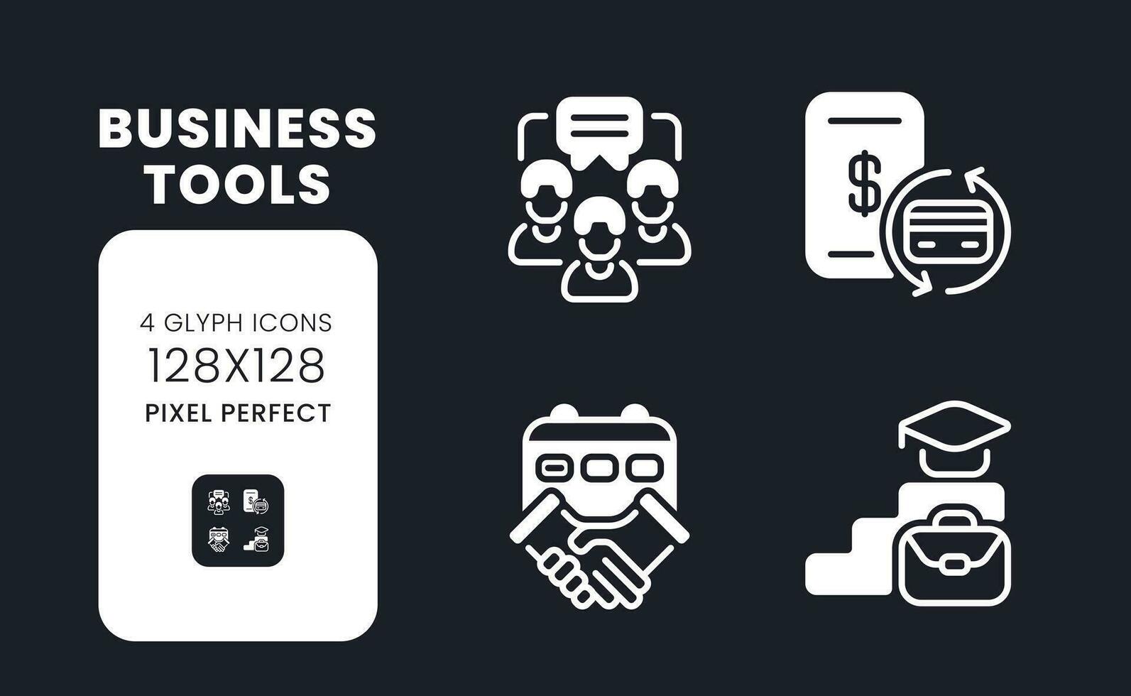 Business tools white solid desktop icons set. Communication software. Productivity improvement. Pixel perfect 128x128, outline 4px. Symbols for dark theme. Glyph pictograms. Vector isolated images