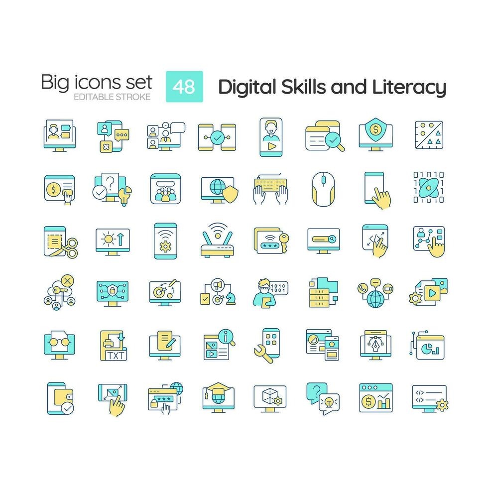 Digital skills and literacy RGB color icons set. Computer