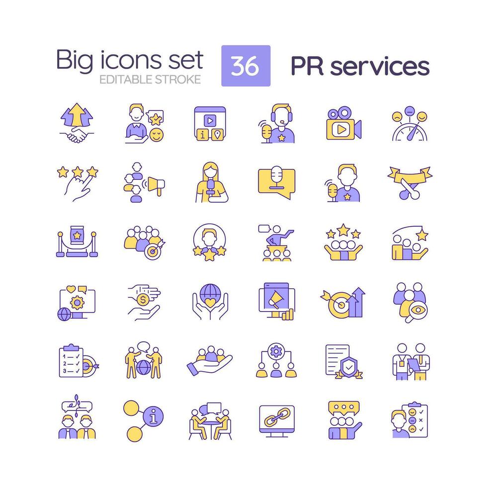PR services RGB color icons set. Public relations. Social media. Marketing agency. Effective communication. Isolated vector illustrations. Simple filled line drawings collection. Editable stroke