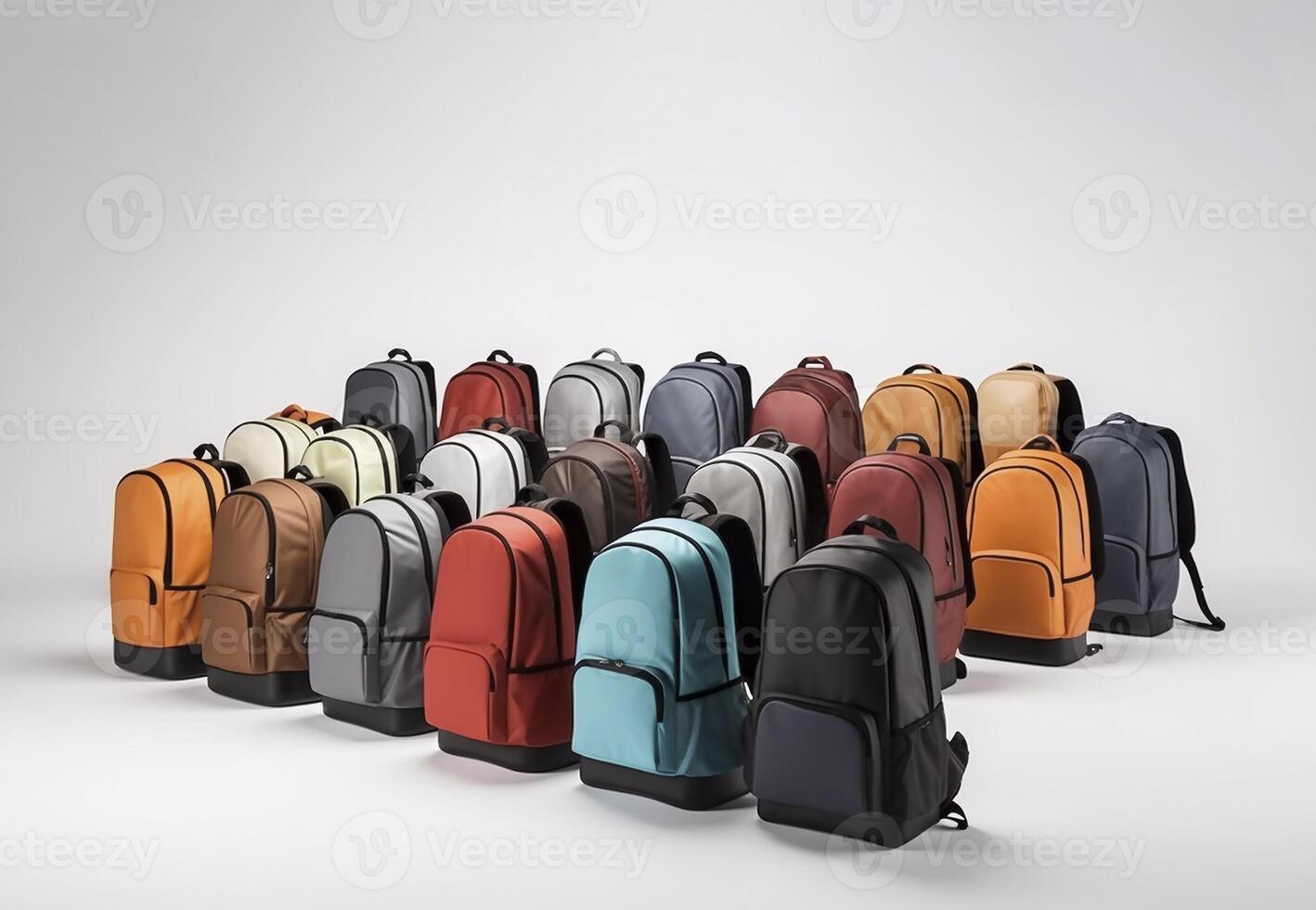 Isolated set, colorful school backpack assortment on white gray background, banner design. Copy Space For text. Back to School. Horizontal Plane. photo
