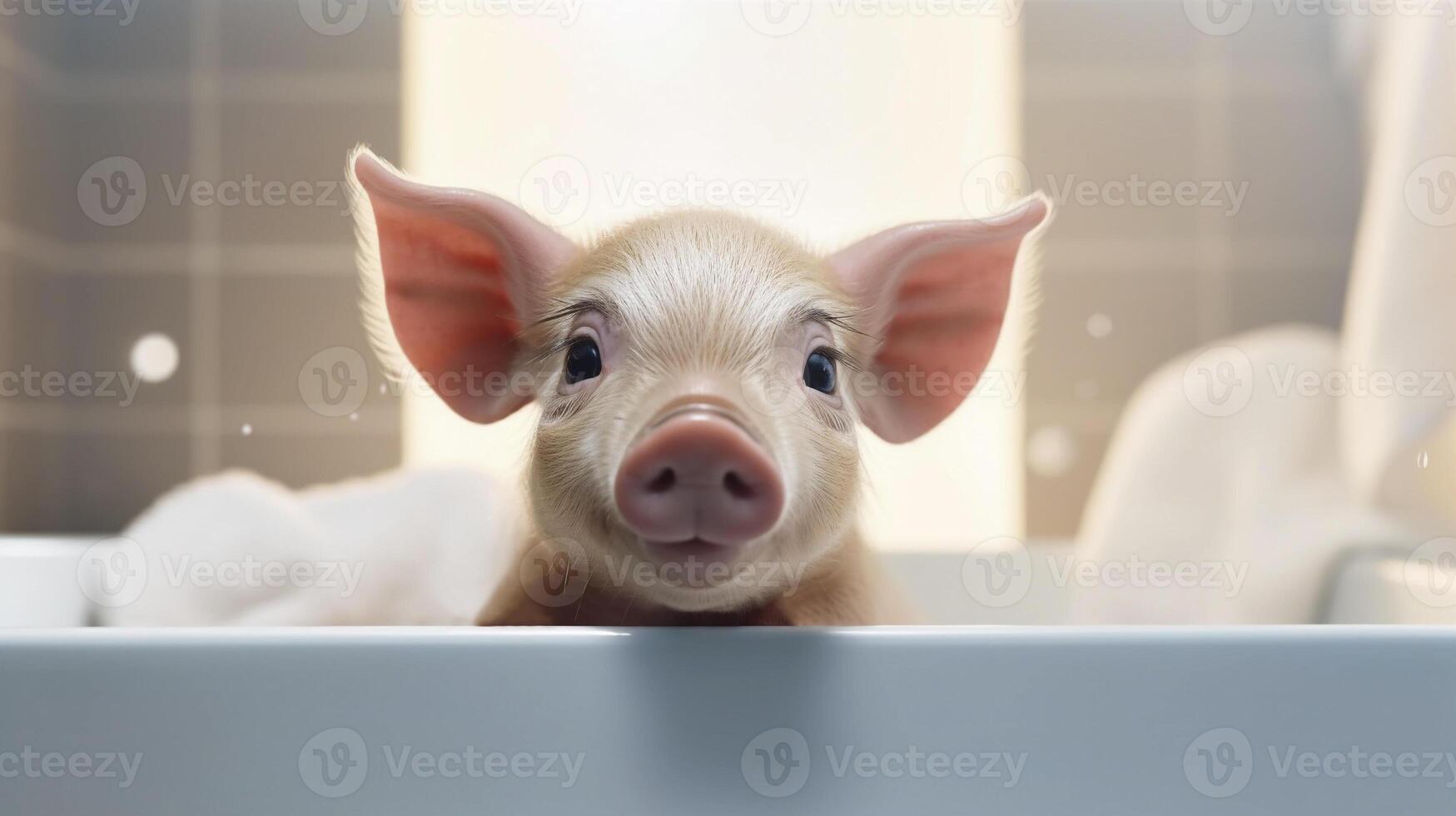 Cute Pink Mini Pig, Piglet Taking a Bath With Foam, Looking Out of Bath tab. Taking Care Of Pet. Happy Animal. . Horizontal photo