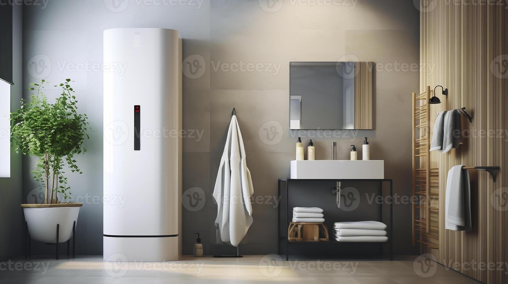 White Electric storage water heater with Temperature Display in utility room. Hi-Tech Capillary Thermostat. . Smart home, house. Horizontal plane. photo