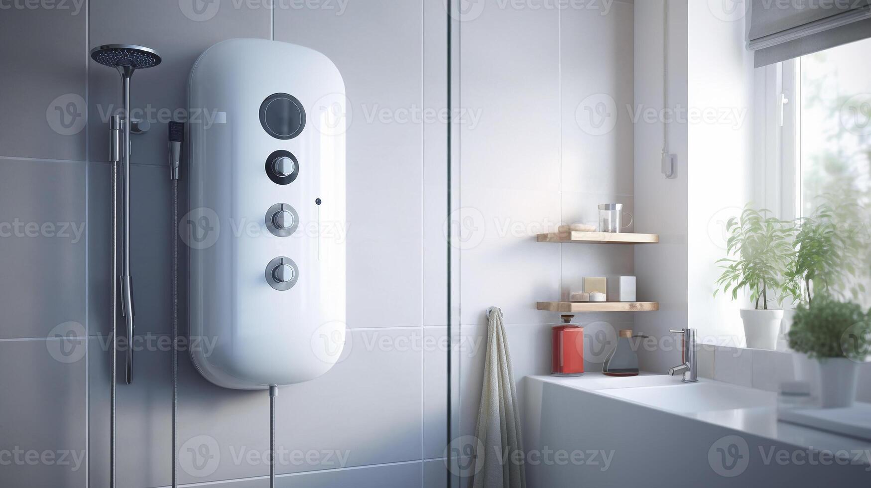 blanco eléctrico compacto pequeño Talla almacenamiento agua calentador, caldera con moderno baño en condominio de alta tecnología capilar termostato. seguro, ambiente simpático sistema. inteligente hogar. horizontal. ai generado. foto