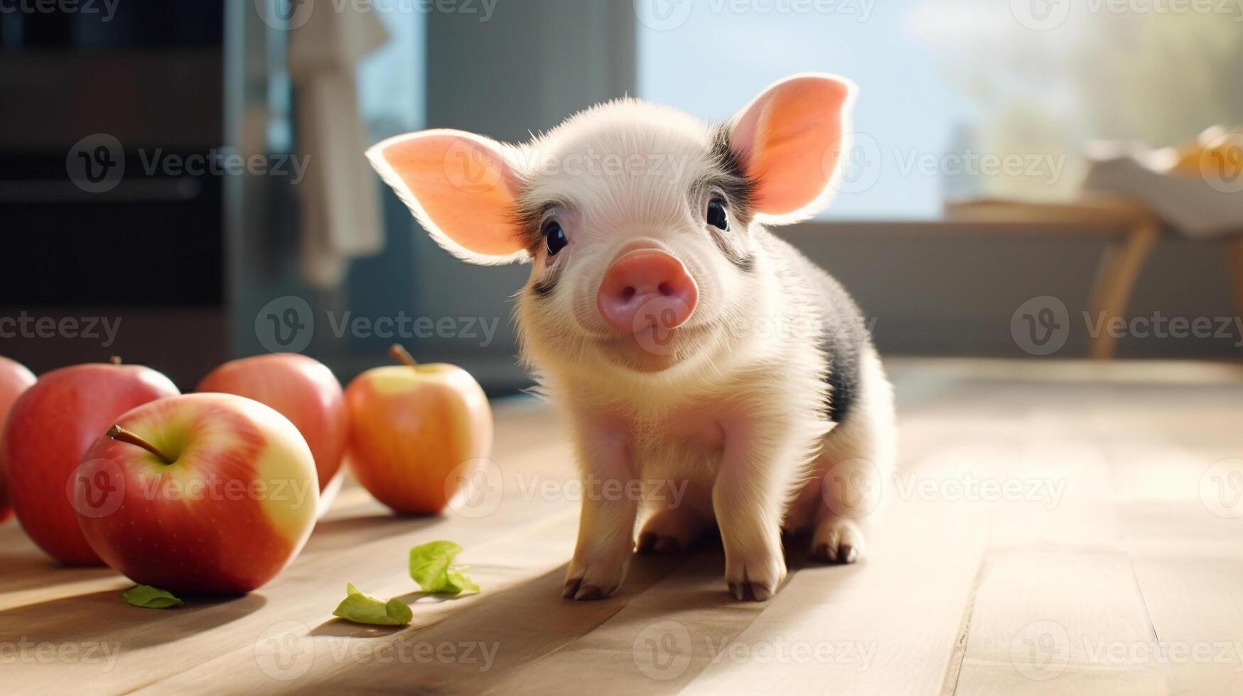 linda Guinea mini cerdo, pequeño mascota sentado en moderno cocina cerca manzanas alimentación, tomando cuidado de cerdito. contento animal. ai generado. horizontal. alto calidad ilustración foto