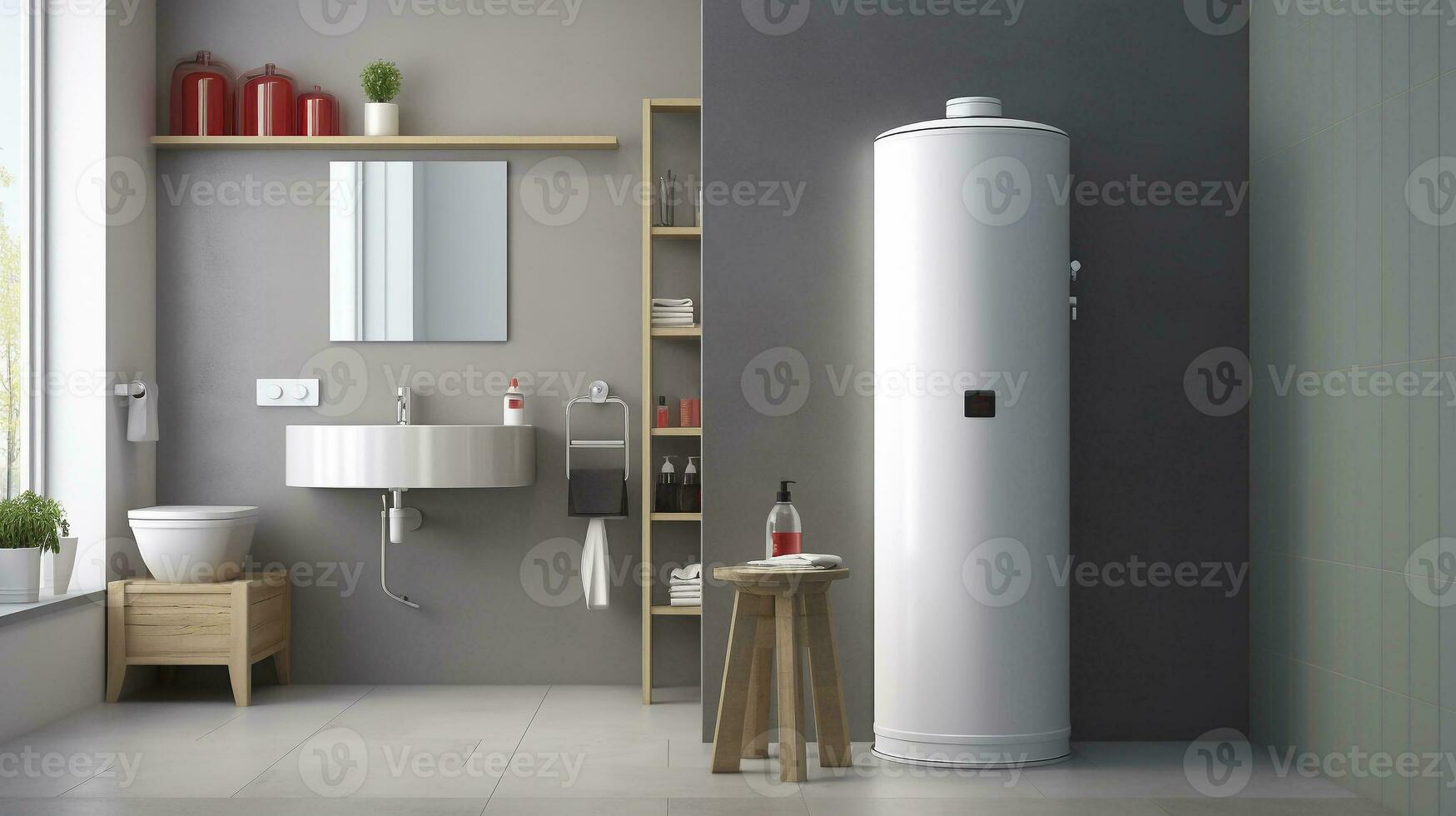 White Electric storage water heater In Gray Modern Bathroom Of Condo. Domestic water heating appliance. Safe, Environment Friendly system. Smart home. Hot water storage tank. Horizontal. AI Generated photo