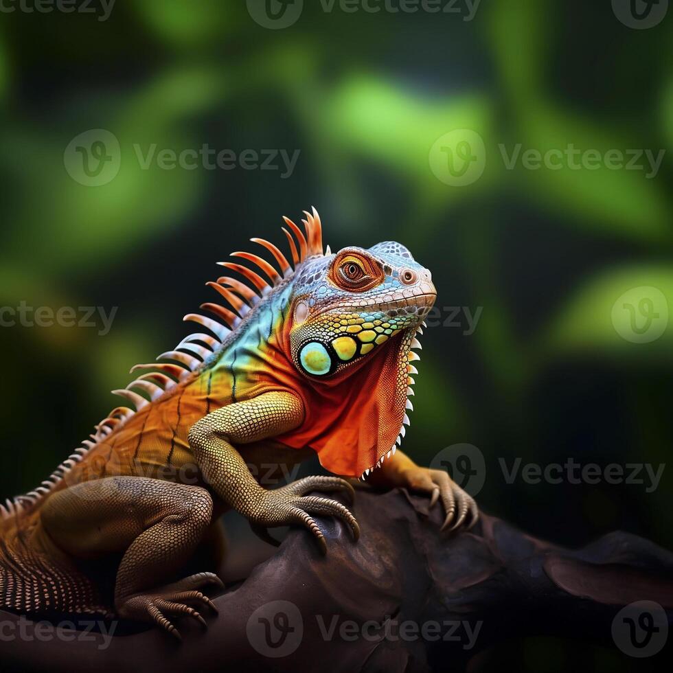 Portrait Of Bright Colorful Iguana In Rainforest on Branch. Exotic Reptile, Wild Animal. Pet. High quality illustration. Copy Space For Text photo