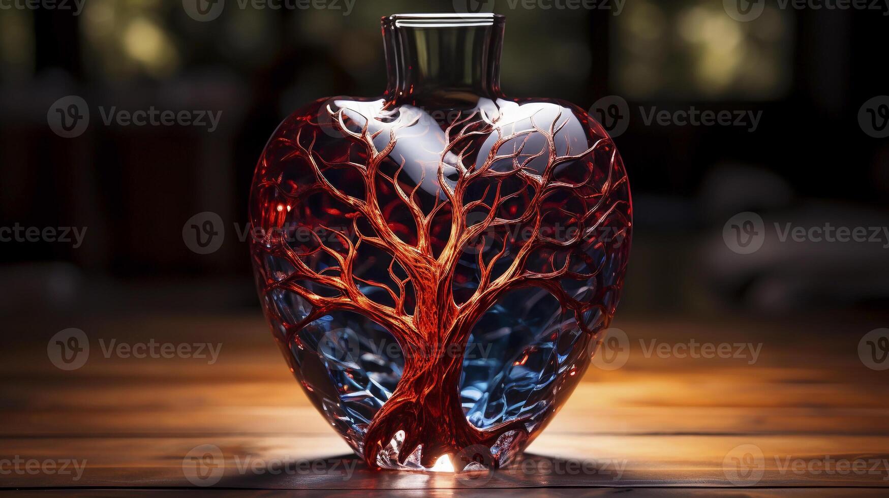 Beautiful Glass Wine Decanter In Heart, Tree Shape On Wooden Table. It Aerate Red Wine By Bringing It Into Contact With Air. . Drink Vessel, Vase Horizontal. High quality illustration photo