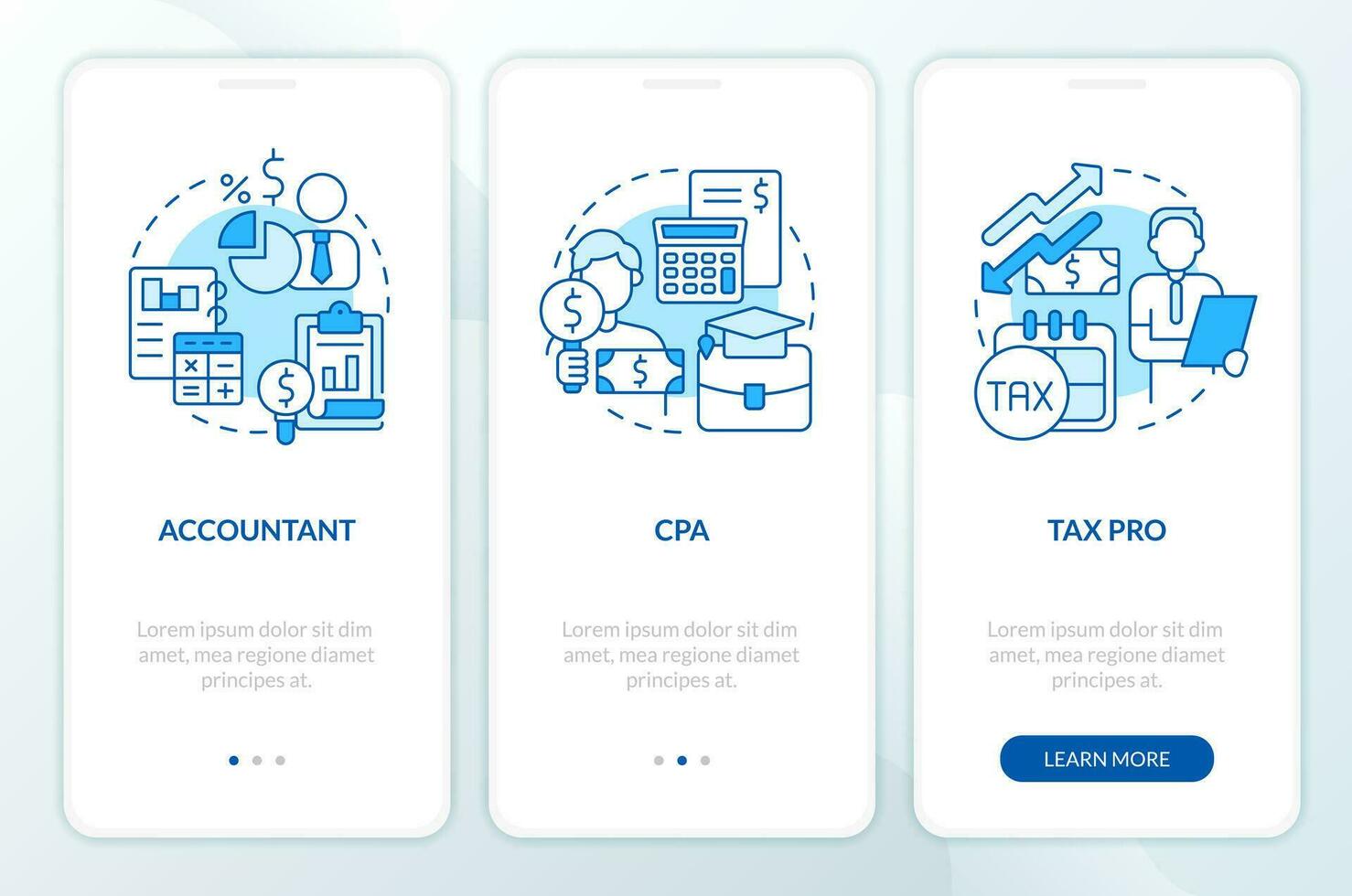 Accounting careers blue onboarding mobile app screen. Qualifications. Walkthrough 3 steps editable graphic instructions with linear concepts. UI, UX, GUI template vector