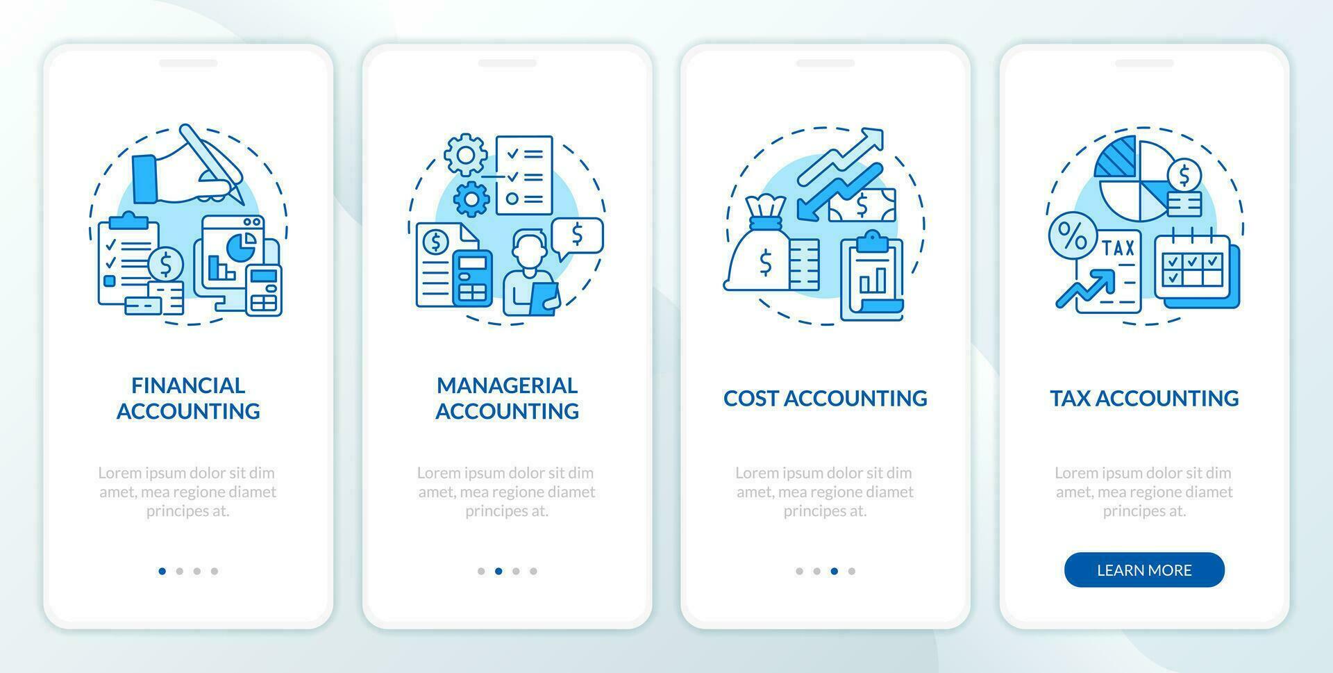 Financial accounting blue onboarding mobile app screen. Walkthrough 4 steps editable graphic instructions with linear concepts. UI, UX, GUI template vector