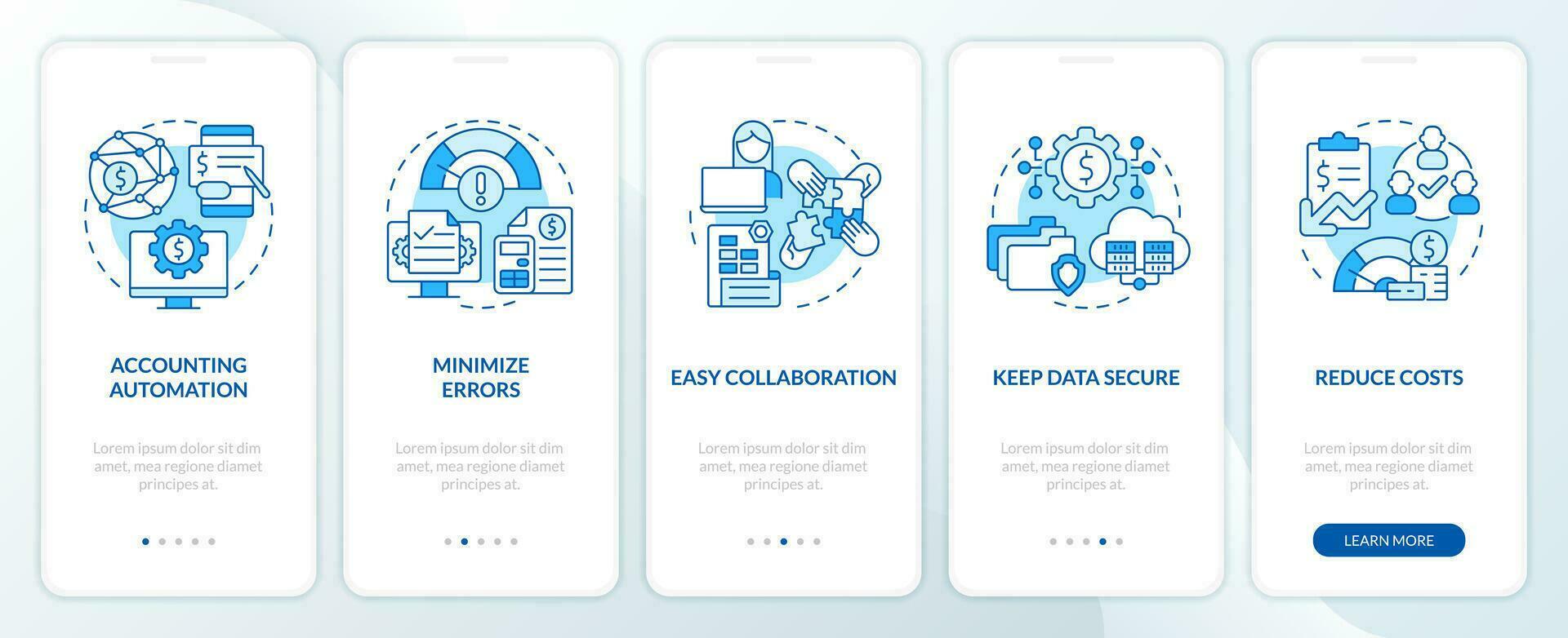 Accounting software benefits blue onboarding mobile app screen. Walkthrough 5 steps editable graphic instructions with linear concepts. UI, UX, GUI template vector