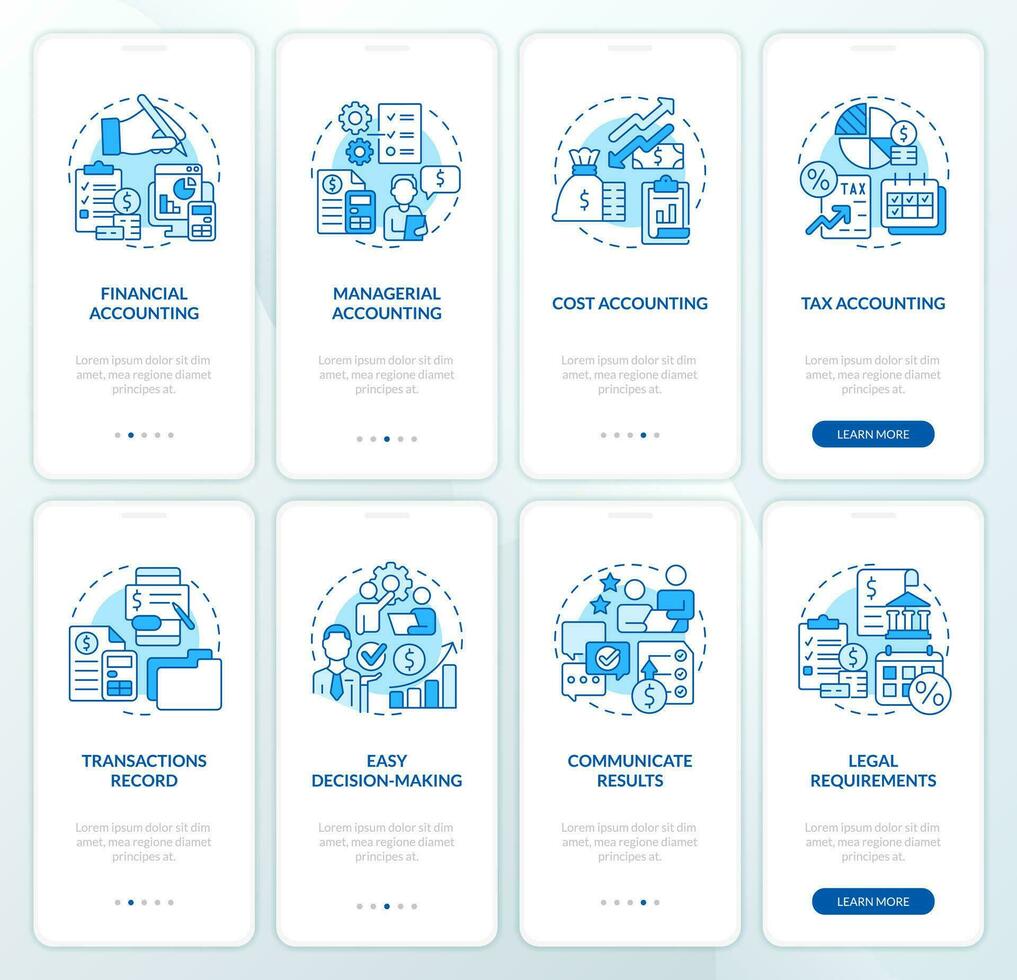 Accounting blue onboarding mobile app screen set. Types, importance walkthrough 4 steps editable graphic instructions with linear concepts. UI, UX, GUI template vector