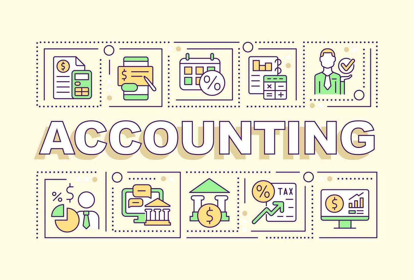 Accounting word concepts yellow banner. Reporting financial activity. Infographics with editable icons on color background. Isolated typography. Vector illustration with text