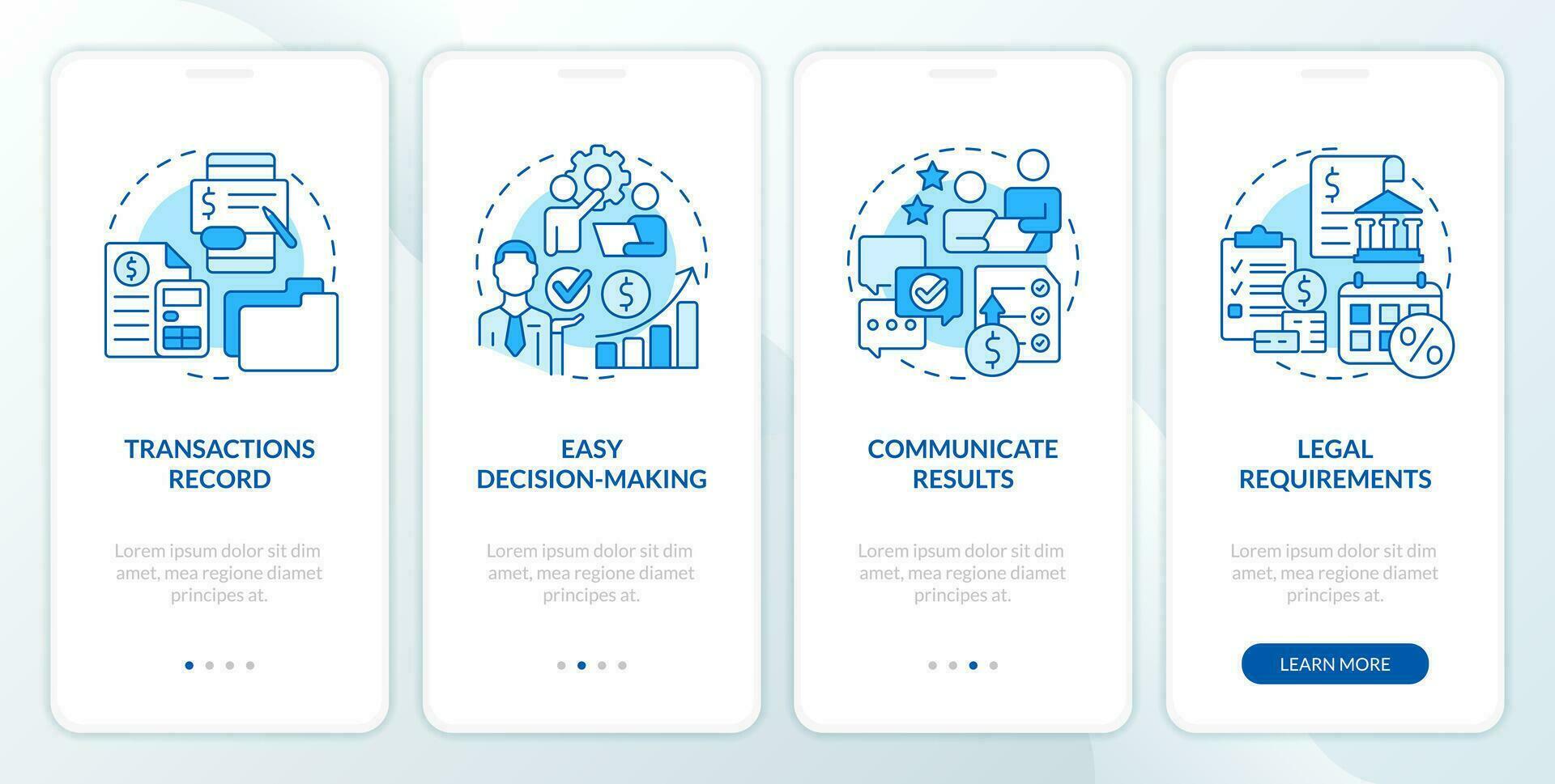 Accounting importance blue onboarding mobile app screen. Walkthrough 4 steps editable graphic instructions with linear concepts. UI, UX, GUI template vector