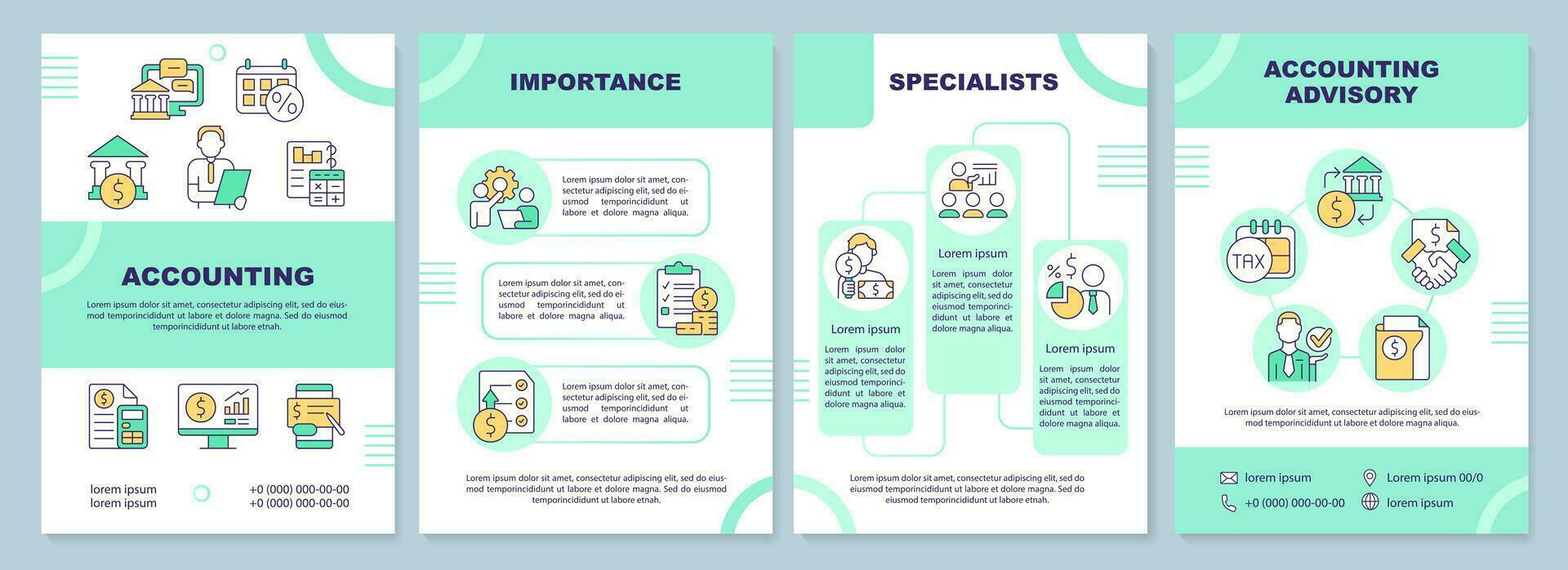 Accounting turquoise brochure template. Advisory service. Leaflet design with linear icons. Editable 4 vector layouts for presentation, annual reports