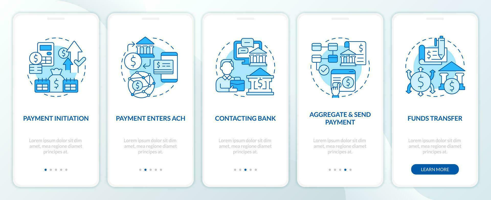 Automated clearing house process blue onboarding mobile app screen. Walkthrough 5 steps editable graphic instructions with linear concepts. UI, UX, GUI template vector