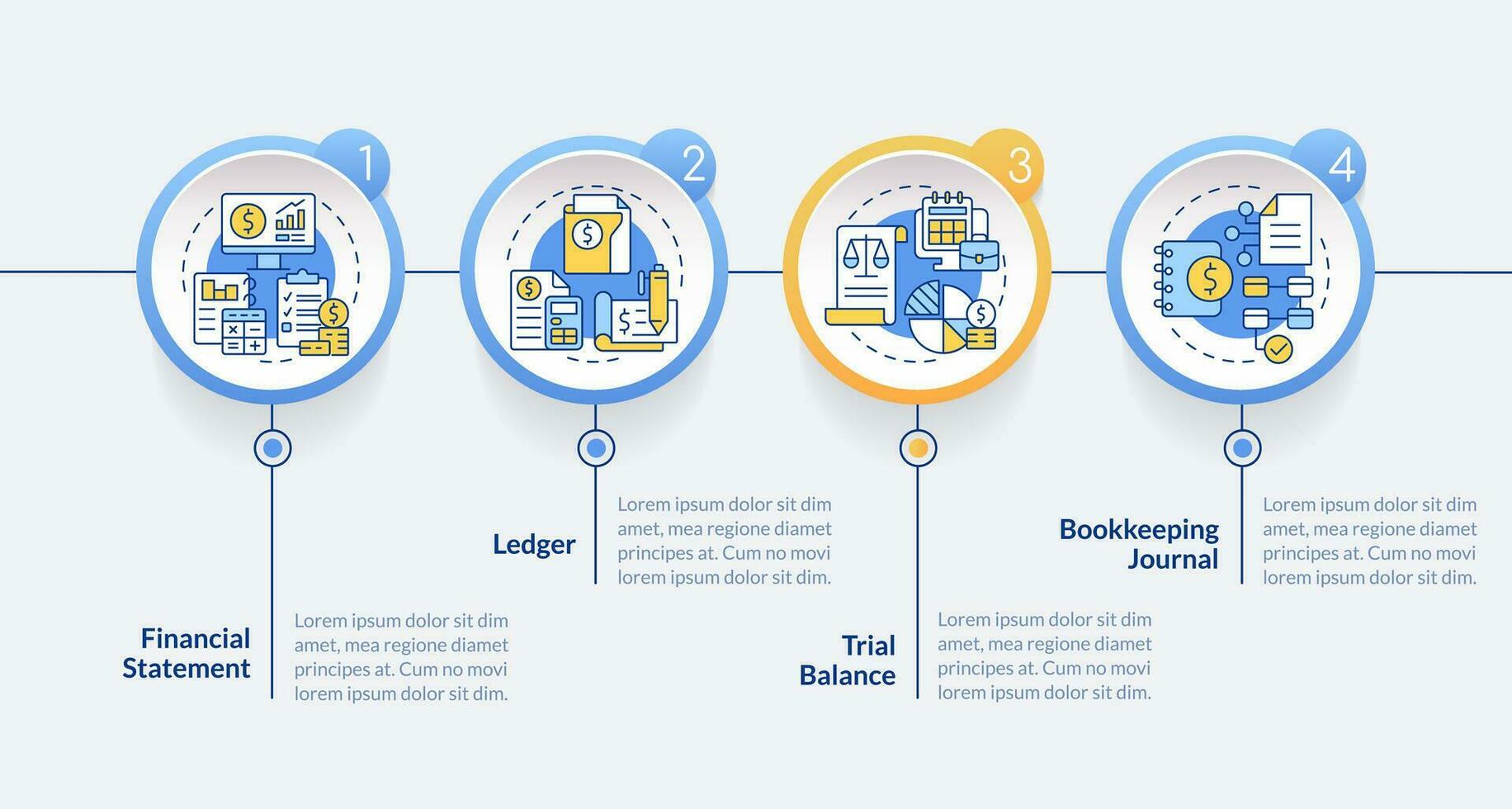 Bookkeeping elements blue circle infographic template. Finacial records. Data visualization with 4 steps. Editabe timeline info chart. Workflow layout with line icons vector