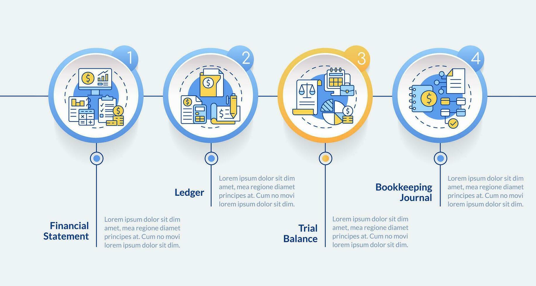 teneduría de libros elementos azul circulo infografía modelo. finacial registros. datos visualización con 4 4 pasos. editar cronograma informacion cuadro. flujo de trabajo diseño con línea íconos vector