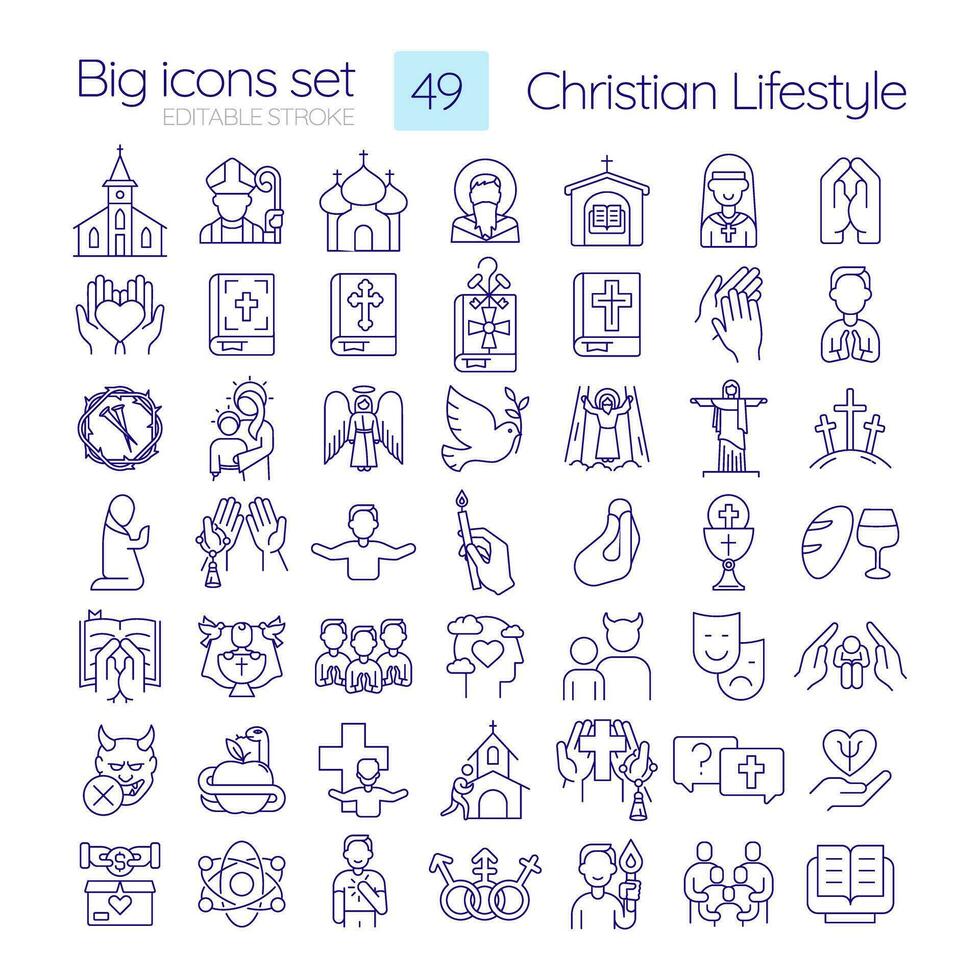 Christian lifestyle linear icons set. Religious traditions in modern life. Spiritual practices of worship. Customizable thin line symbols. Isolated vector outline illustrations. Editable stroke