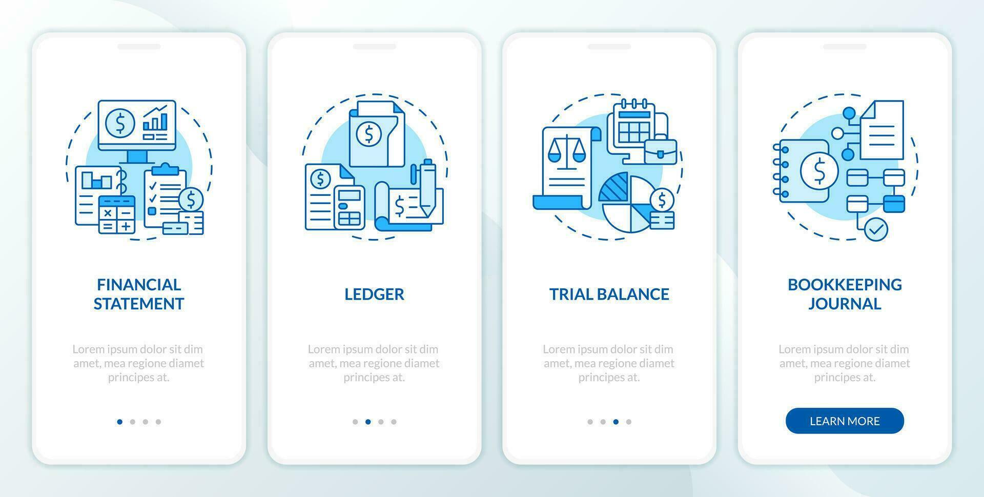 Bookkeeping elements blue onboarding mobile app screen. Walkthrough 4 steps editable graphic instructions with linear concepts. UI, UX, GUI template vector