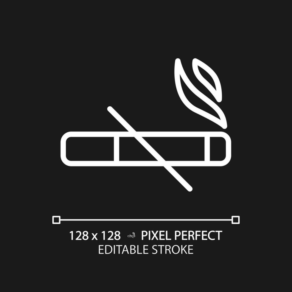 No smoking pixel perfect white linear icon for dark theme. Cigarettes ban sign. Important rule of toilet room usage. Thin line illustration. Isolated symbol for night mode. Editable stroke vector