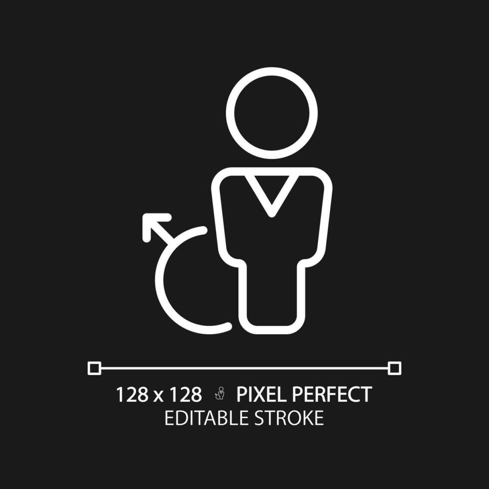 Toilet for men pixel perfect white linear icon for dark theme. Sing on door of public restroom. Private space for hygiene. Thin line illustration. Isolated symbol for night mode. Editable stroke vector