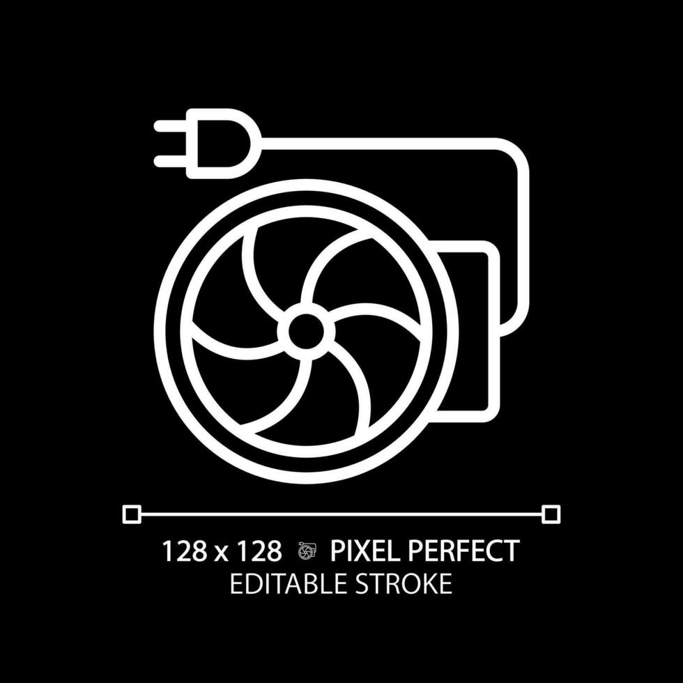 Inline duct fan white linear icon for dark theme. Ventilation equipment. Electric appliance. Heating and cooling. Thin line illustration. Isolated symbol for night mode. Editable stroke vector
