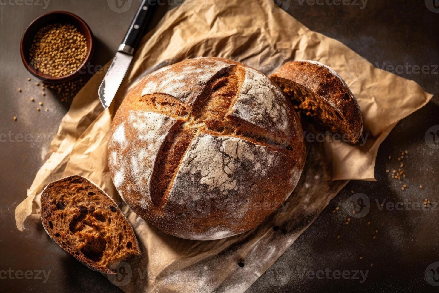 stock photo of whole grain bread in kitchen table flat lay