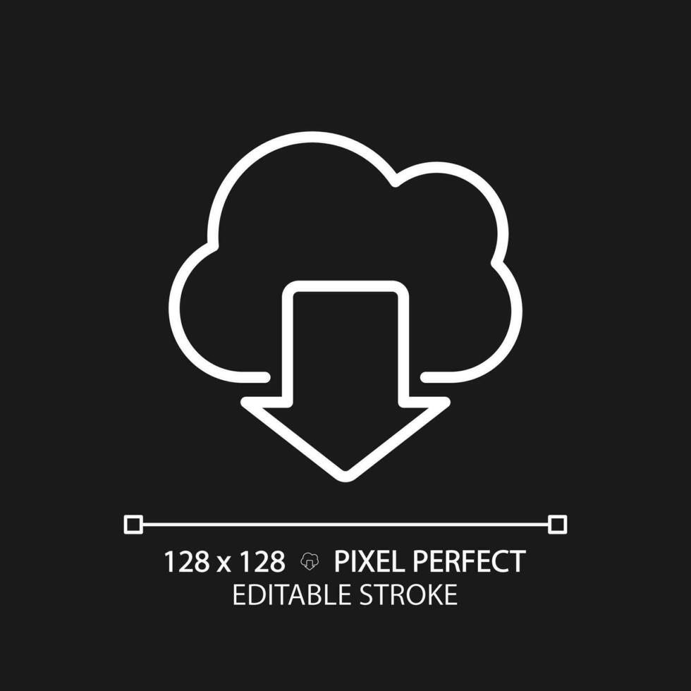 Download data from cloud based storage pixel perfect white linear icon for dark theme. Free access to information on internet. Thin line illustration. Isolated symbol for night mode. Editable stroke vector