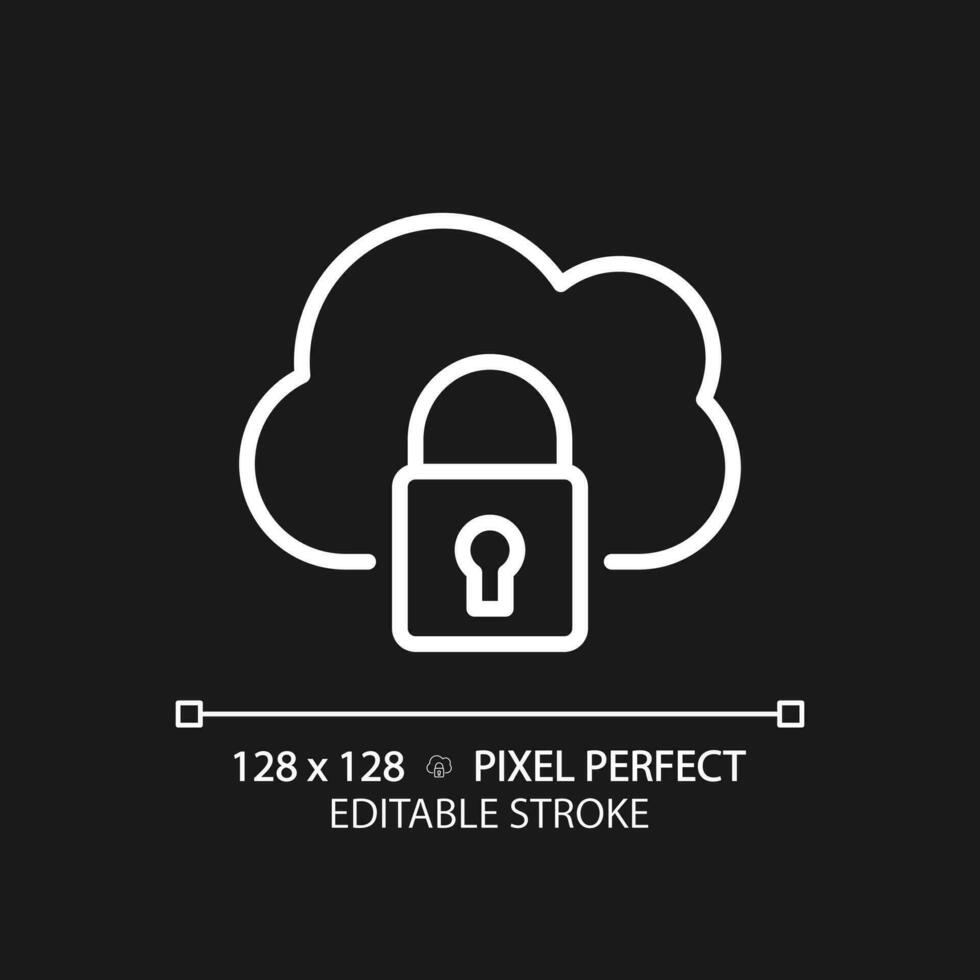 Private cloud pixel perfect white linear icon for dark theme. Closed access to online server. Organization data protection. Thin line illustration. Isolated symbol for night mode. Editable stroke vector