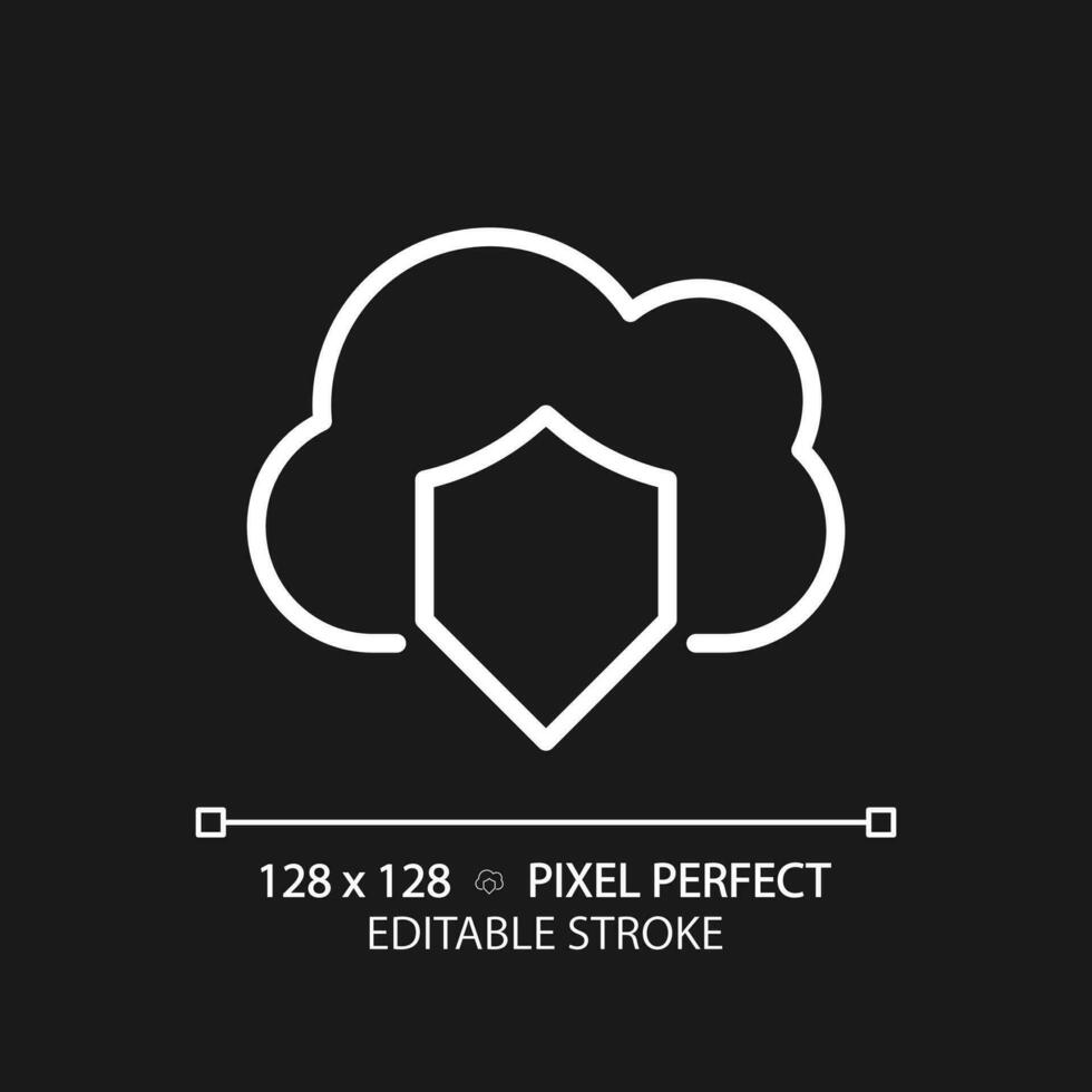 Cloud security pixel perfect white linear icon for dark theme. Internet dataset protection. Safe information storage online. Thin line illustration. Isolated symbol for night mode. Editable stroke vector