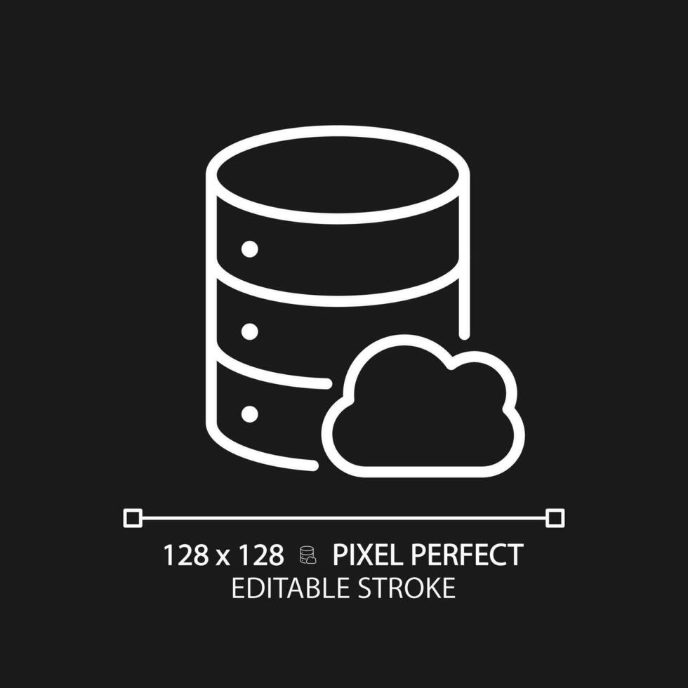 Cloud database pixel perfect white linear icon for dark theme. Computing technology of dataset processing. Online server. Thin line illustration. Isolated symbol for night mode. Editable stroke vector