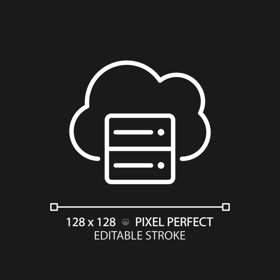 Cloud server pixel perfect white linear icon for dark theme. Digital storage for data. Information keeping online resource. Thin line illustration. Isolated symbol for night mode. Editable stroke vector