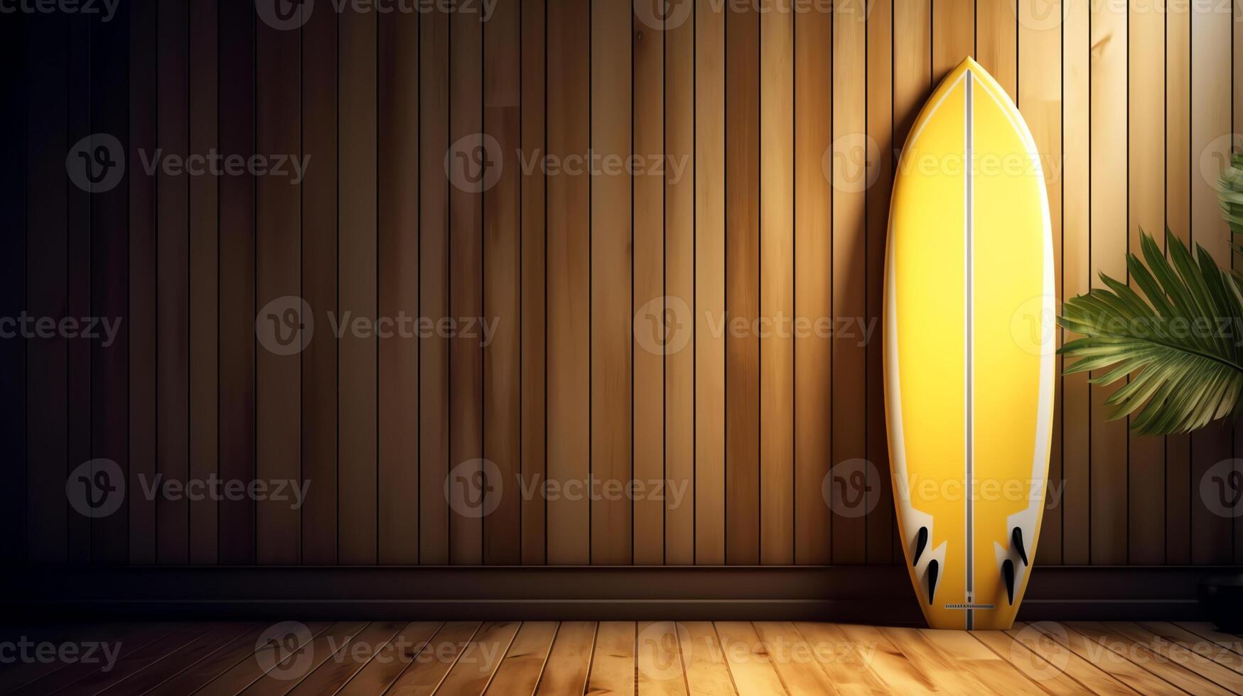 yellow surfboard in wooden photo