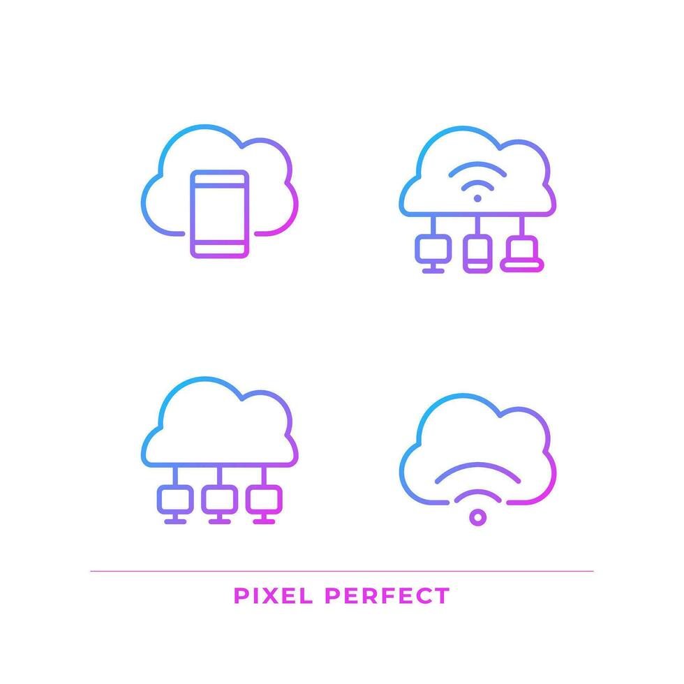 Connect devices to cloud based servers pixel perfect gradient linear vector icons set. Share data via internet. Thin line contour symbol designs bundle. Isolated outline illustrations collection