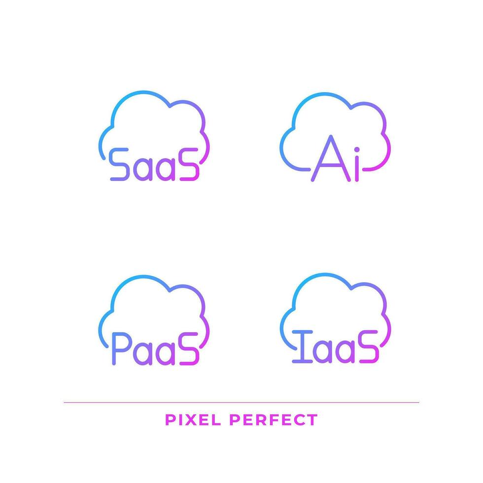 estructura de nube informática píxel Perfecto degradado lineal vector íconos colocar. virtual servicios para datos. Delgado línea contorno símbolo diseños manojo. aislado contorno ilustraciones colección