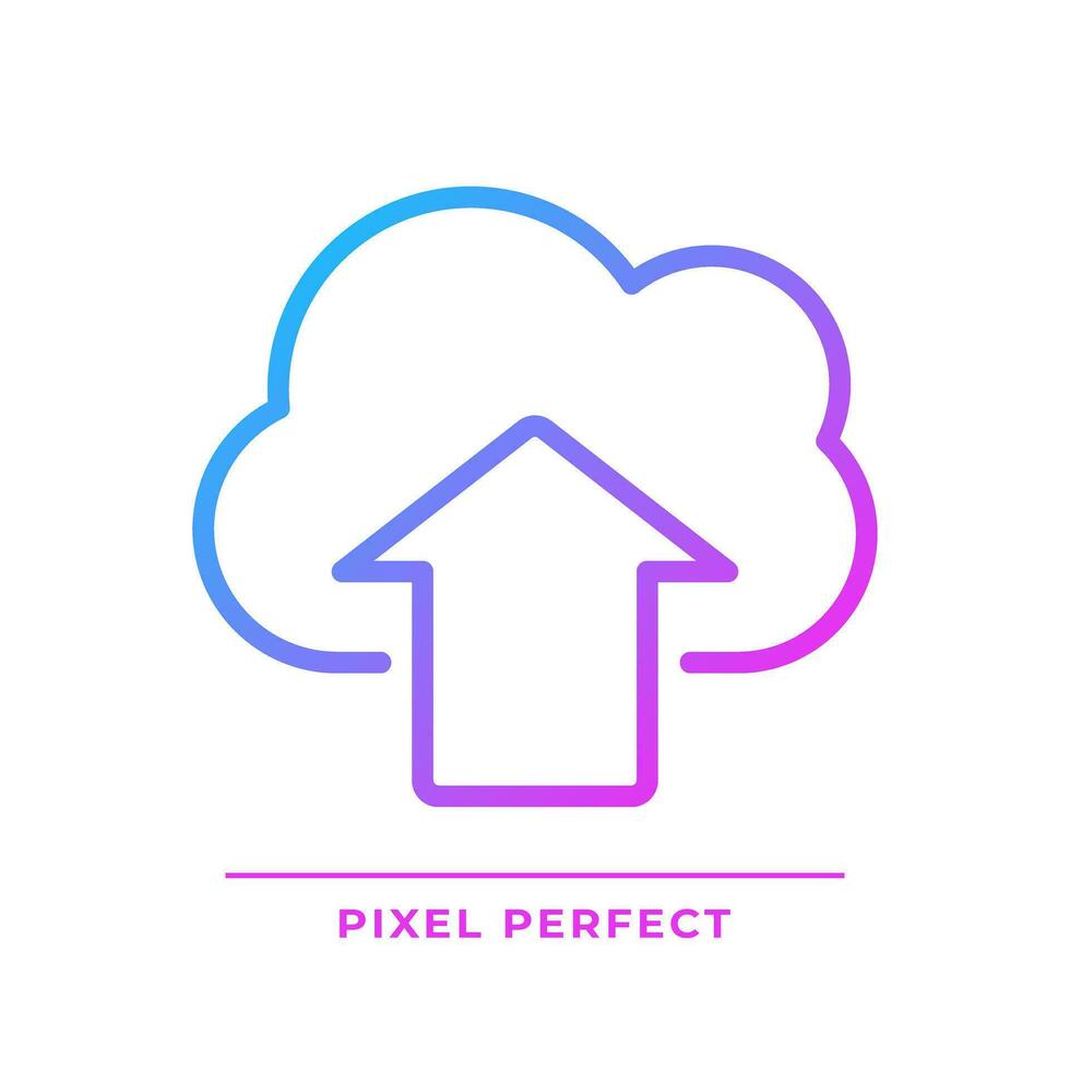 Upload files on cloud based storage pixel perfect gradient linear vector icon. Safe virtual server for users data. Thin line color symbol. Modern style pictogram. Vector isolated outline drawing
