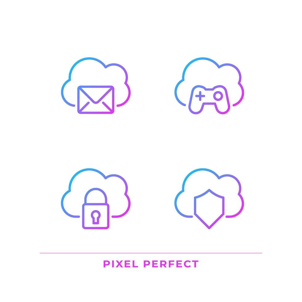 Purposes of cloud computing pixel perfect gradient linear vector icons set. Online servers in multiple spheres. Thin line contour symbol designs bundle. Isolated outline illustrations collection