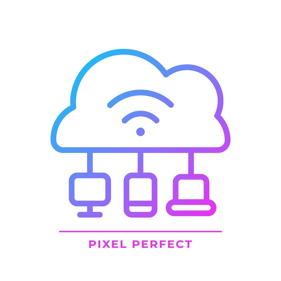 Cloud based IoT pixel perfect gradient linear vector icon. Internet of things features. Network with devices and apps. Thin line color symbol. Modern style pictogram. Vector isolated outline drawing