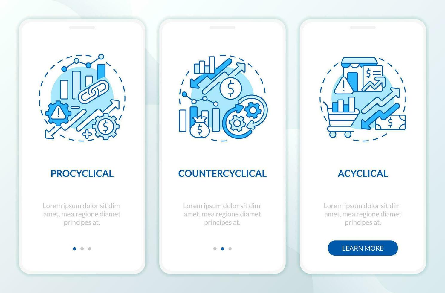Attributes of economic indicators blue onboarding mobile app screen. Walkthrough 3 steps editable graphic instructions with linear concepts. UI, UX, GUI template vector
