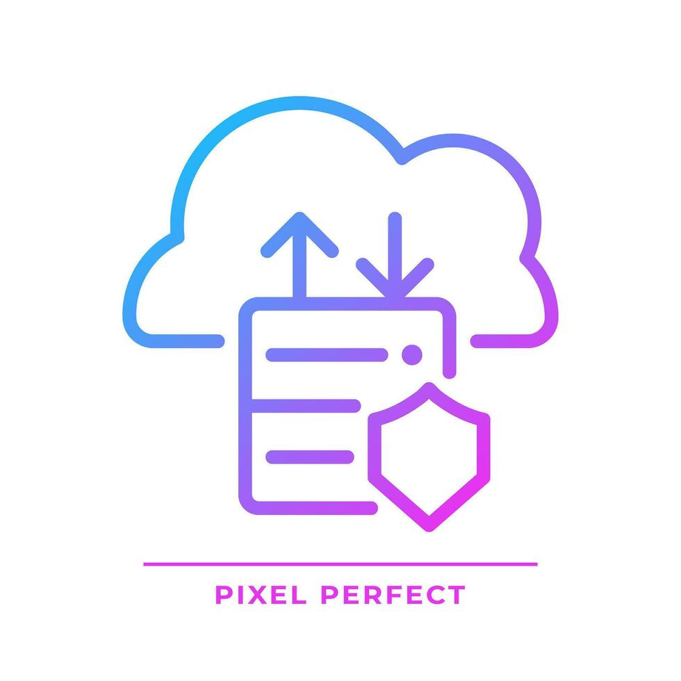 Data migration to cloud pixel perfect gradient linear vector icon. Information transfer to online storage. Thin line color symbol. Modern style pictogram. Vector isolated outline drawing