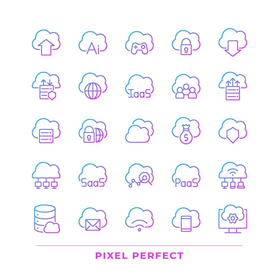 Cloud computing pixel perfect gradient linear vector icons set. Online resources for data storage. Virtual server. Thin line contour symbol designs bundle. Isolated outline illustrations collection